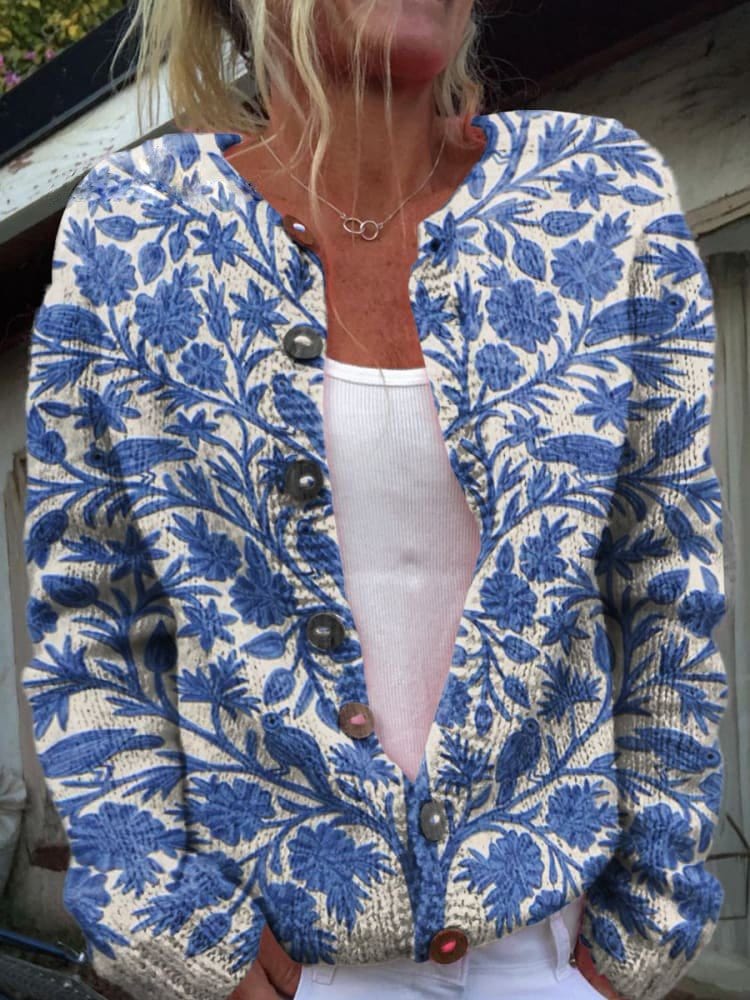 Lunaria Women Cardigan blue / S Edith Floral Knit Cardigan With Crew Neck For Women