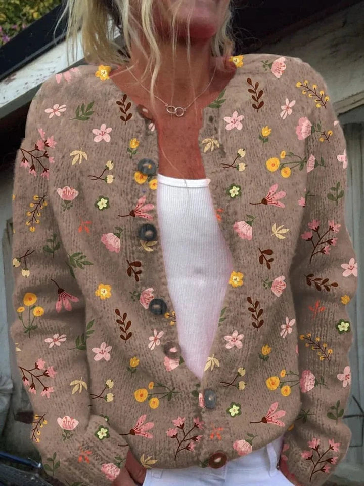 Lunaria Women Cardigan brown / S Edith Floral Knit Cardigan With Crew Neck For Women