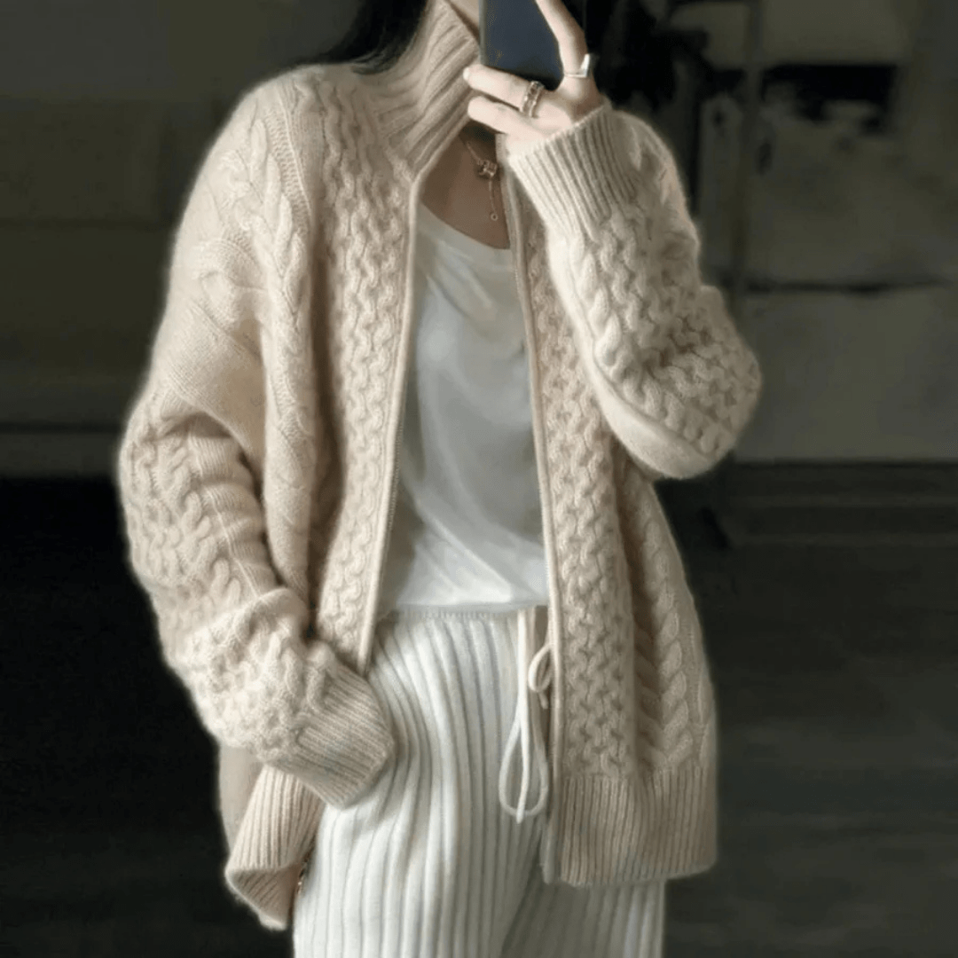 Lunaria Women Cardigan Cora Cable Knit Zip-Up Turtleneck Cozy Cardigan