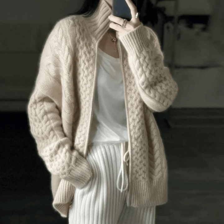 Lunaria Women Cardigan Cora Cable Knit Zip-Up Turtleneck Cozy Cardigan