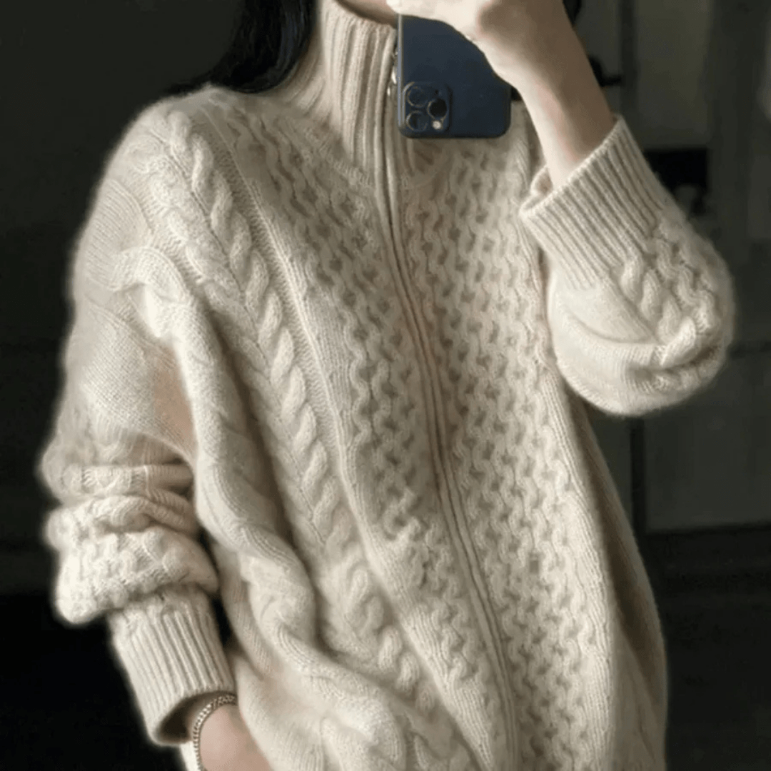 Lunaria Women Cardigan Cora Cable Knit Zip-Up Turtleneck Cozy Cardigan