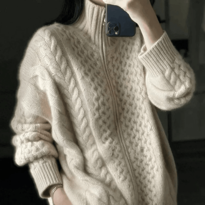 Lunaria Women Cardigan Cora Cable Knit Zip-Up Turtleneck Cozy Cardigan