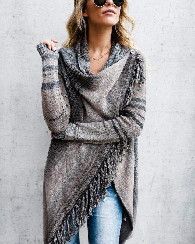 Lunaria Women Cardigan Grey stripes / L Jade Cozy Fringe Asymmetric Long Knit Cardigan