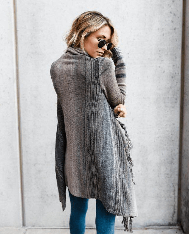 Lunaria Women Cardigan Jade Cozy Fringe Asymmetric Long Knit Cardigan