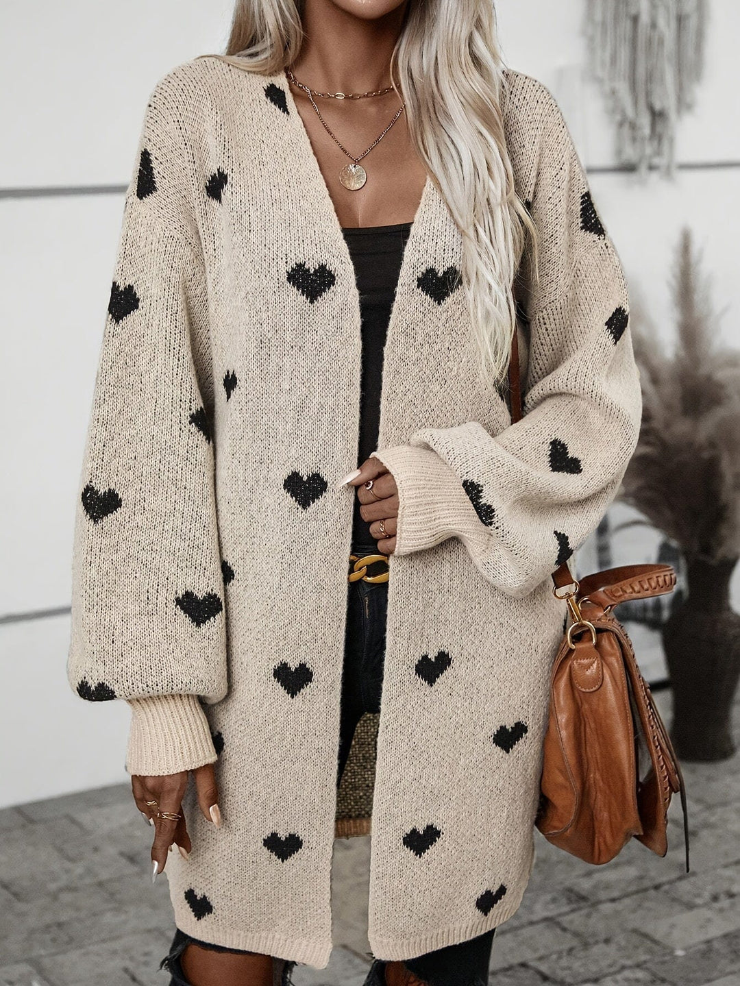 Lunaria Women Cardigan Khaki / S Anaya Heart Pattern Long Sleeve Cardigan