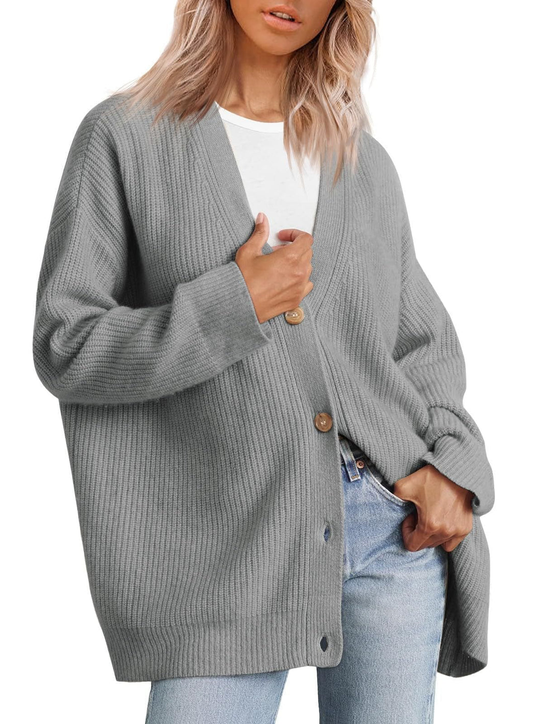 Lunaria Women Cardigan light gray / XS Francesca Women Oversized Striped Button Cardigan