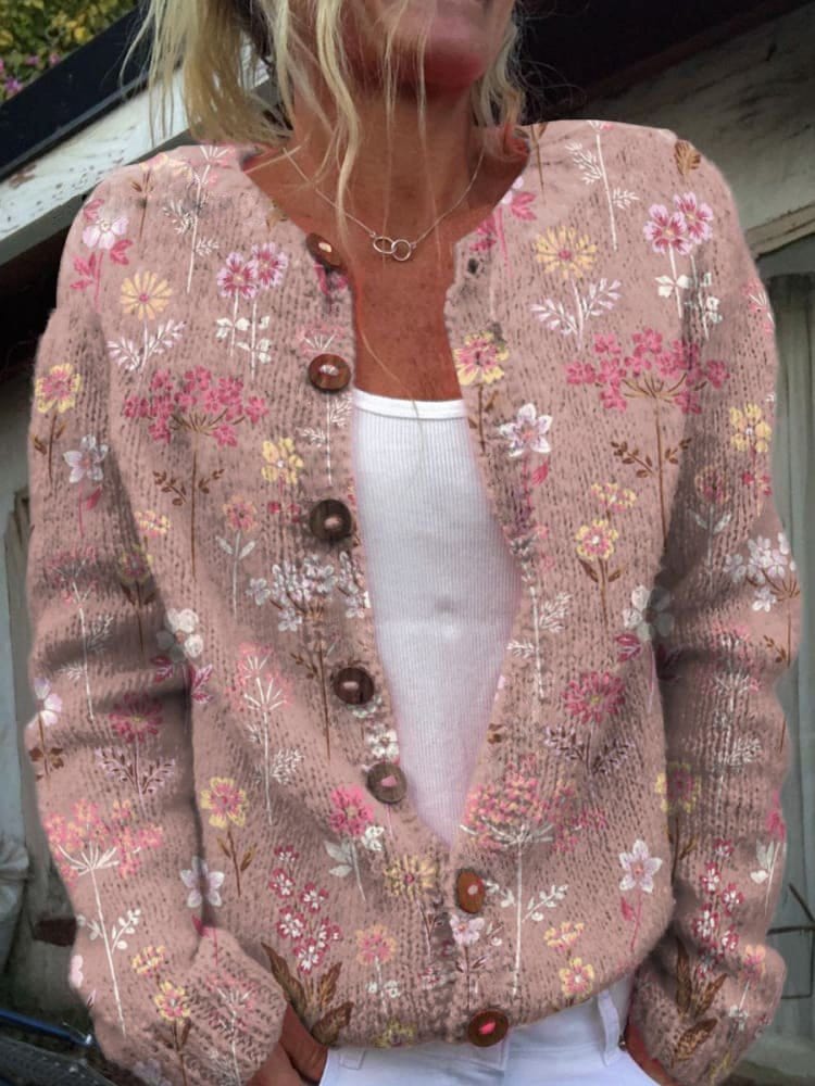 Lunaria Women Cardigan pink / S Edith Floral Knit Cardigan With Crew Neck For Women