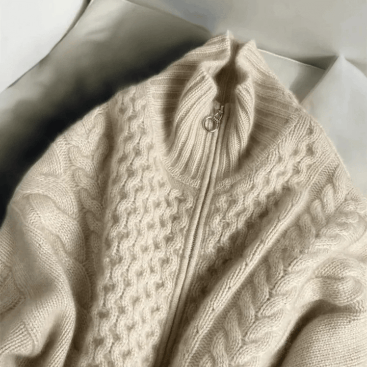Lunaria Women Cardigan White / S Cora Cable Knit Zip-Up Turtleneck Cozy Cardigan