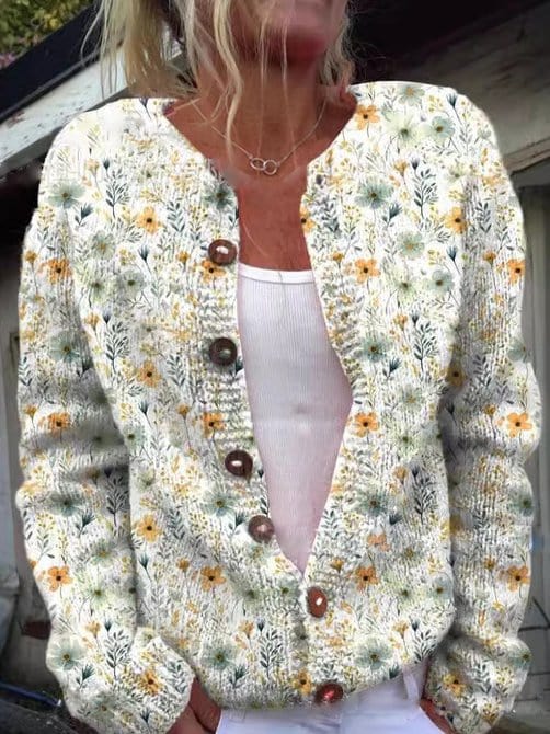Lunaria Women Cardigan White / S Edith Floral Knit Cardigan With Crew Neck For Women
