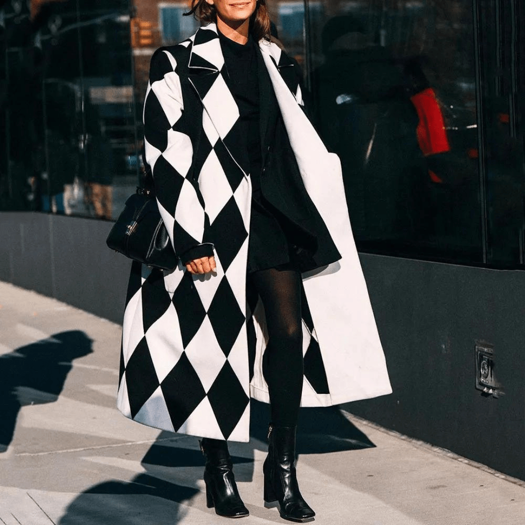Lunaria Women Coat Black White 1 / S Emiliana Harlequin Long Coat