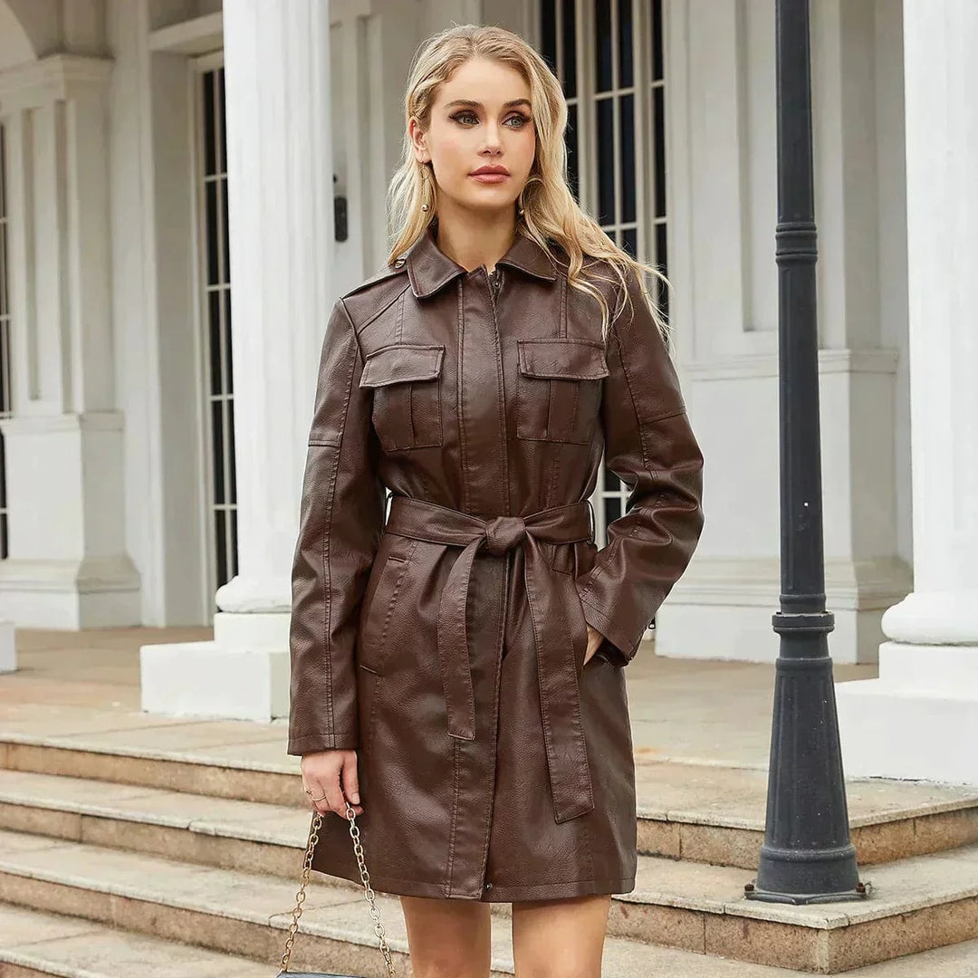Lunaria Women Coat Brown / S Neriah Belted Faux Leather Mid Length Jacket