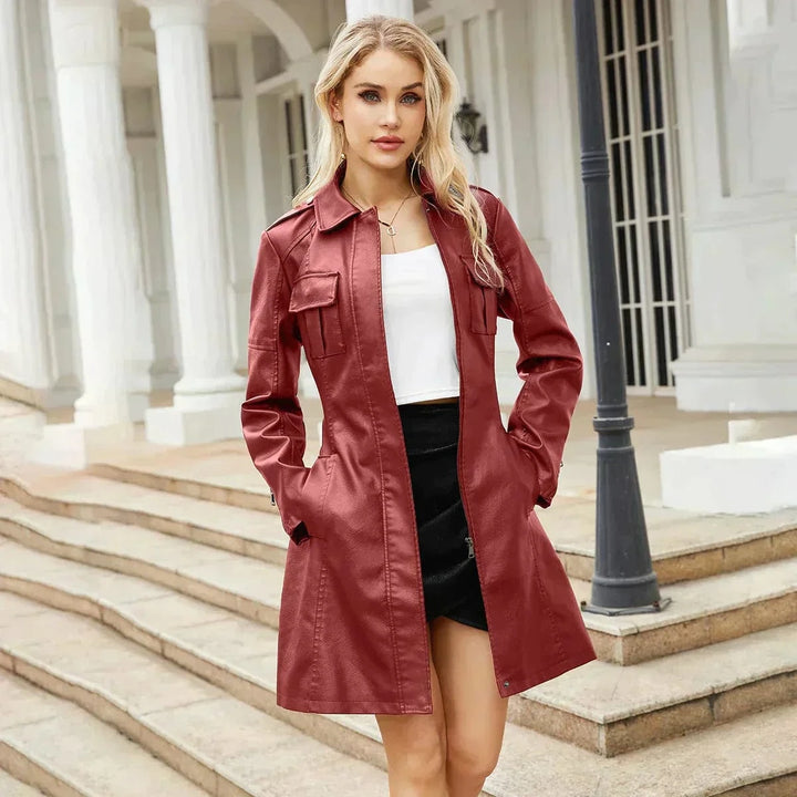 Lunaria Women Coat Red / S Neriah Belted Faux Leather Mid Length Jacket