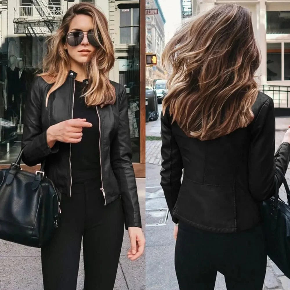 Lunaria Women Jacket Amanda Women's Classic Zip Up Faux Leather Moto Jacket