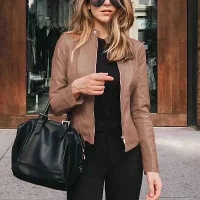 Lunaria Women Jacket Amanda Women's Classic Zip Up Faux Leather Moto Jacket