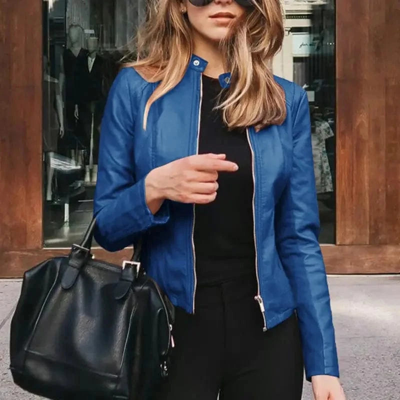 Lunaria Women Jacket Blue / S Amanda Women's Classic Zip Up Faux Leather Moto Jacket
