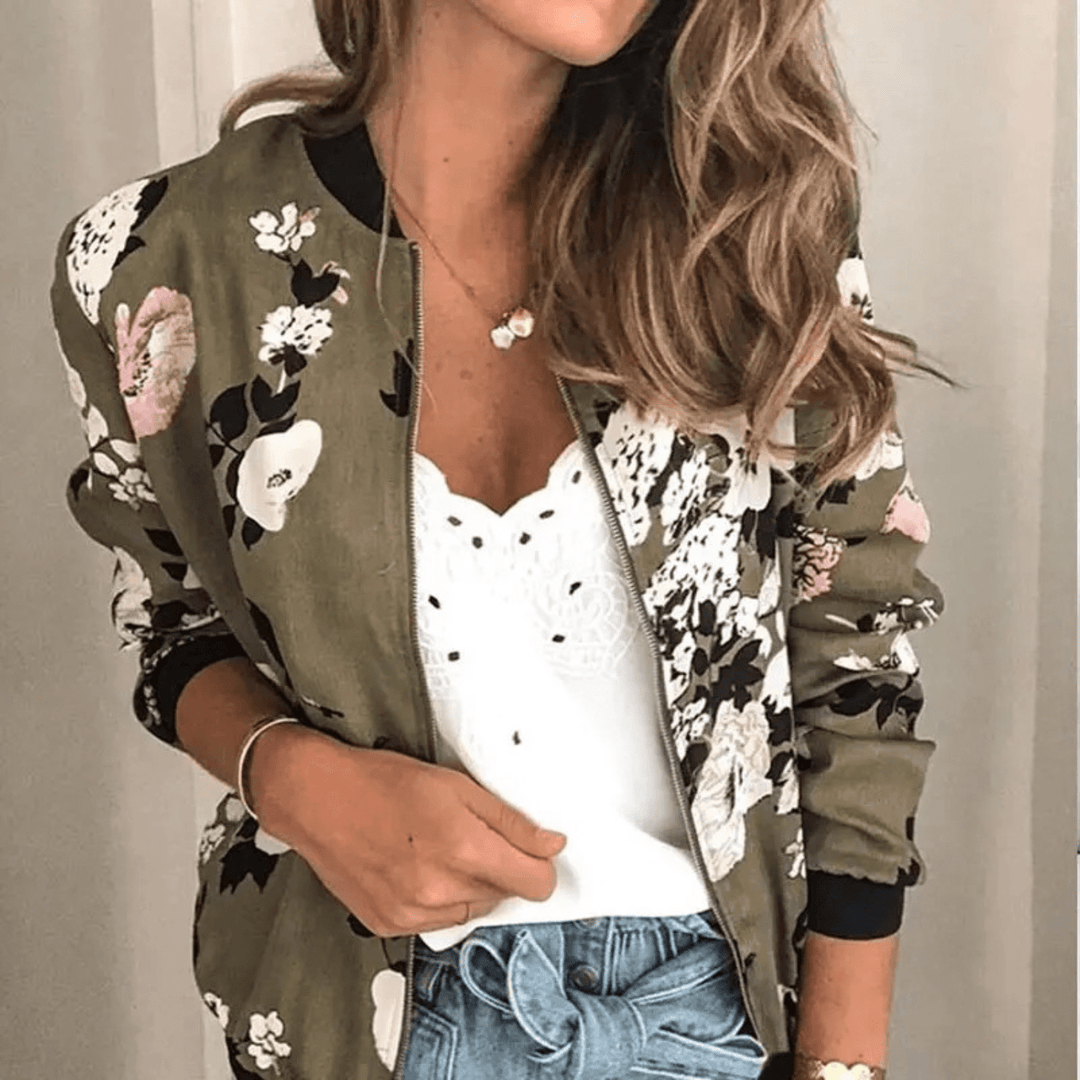 Lunaria Women Jacket Green / S Genevieve Floral Zip-Up Bomber Jacket