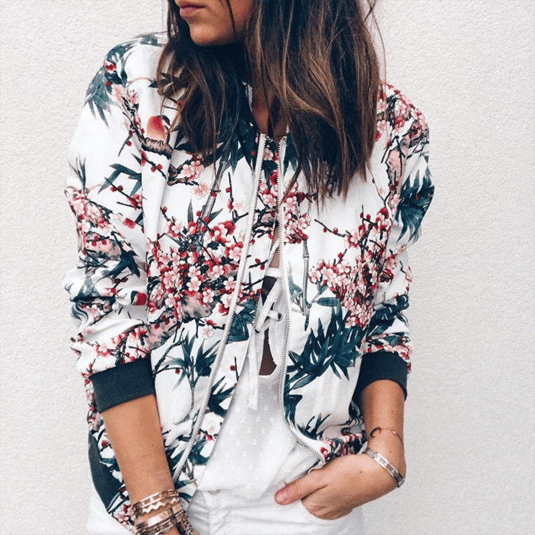 Lunaria Women Jacket Green-White / S Genevieve Floral Zip-Up Bomber Jacket