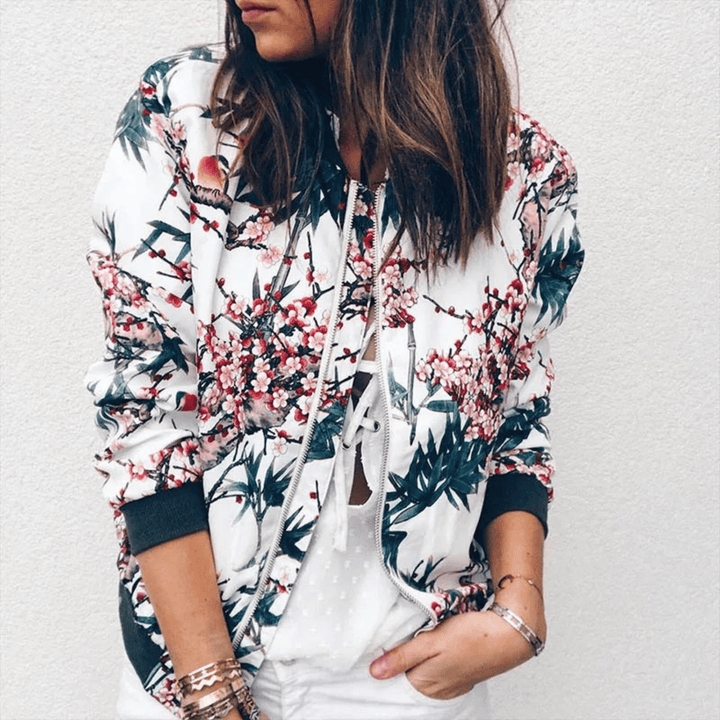 Lunaria Women Jacket Green-White / S Genevieve Floral Zip-Up Bomber Jacket