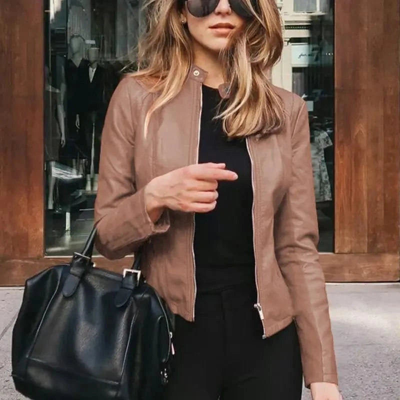 Lunaria Women Jacket Khaki / S Amanda Women's Classic Zip Up Faux Leather Moto Jacket