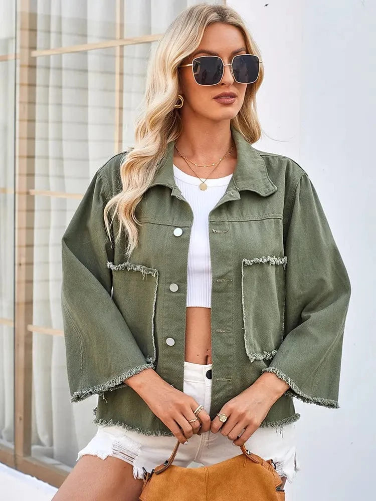 Lunaria Women Jacket Marta Fit Army Green Frayed Denim Jacket