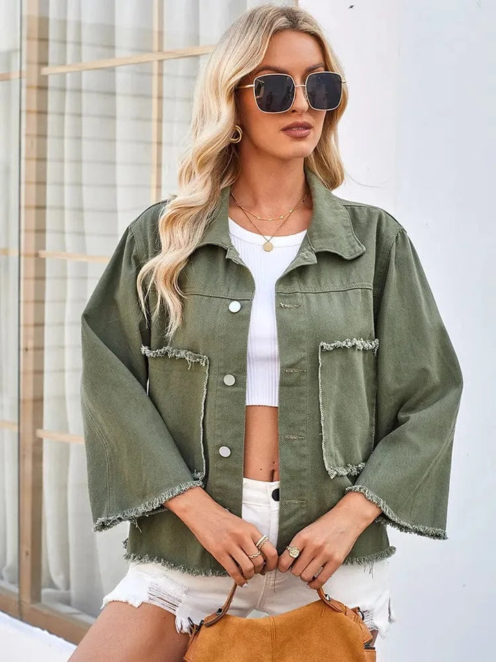Lunaria Women Jacket Marta Fit Army Green Frayed Denim Jacket