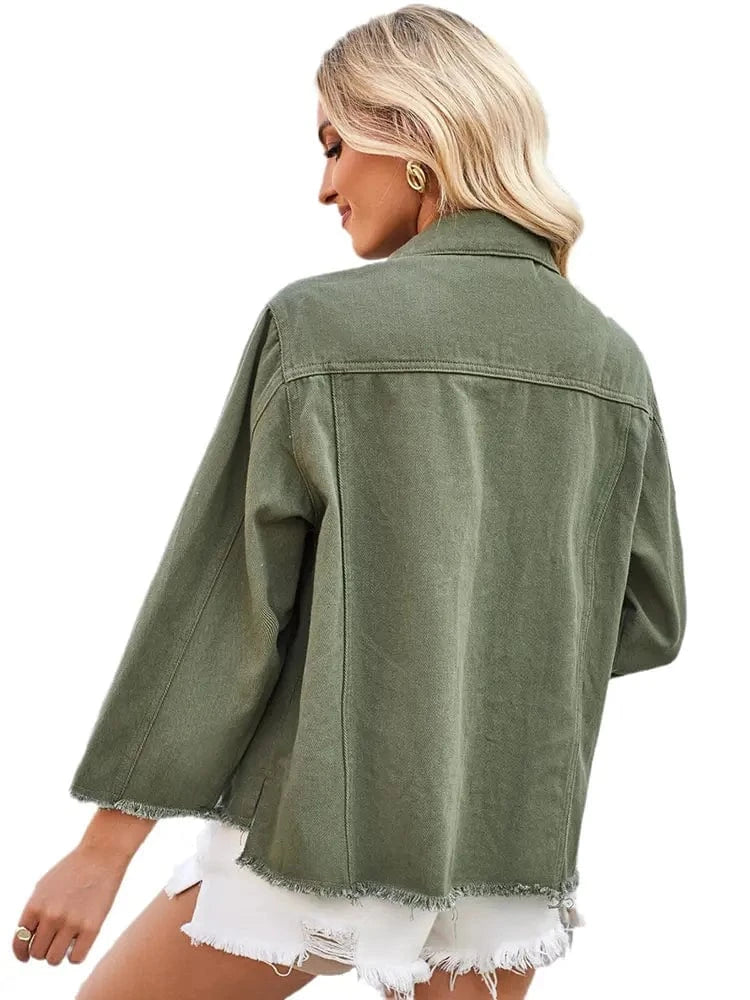 Lunaria Women Jacket Marta Fit Army Green Frayed Denim Jacket
