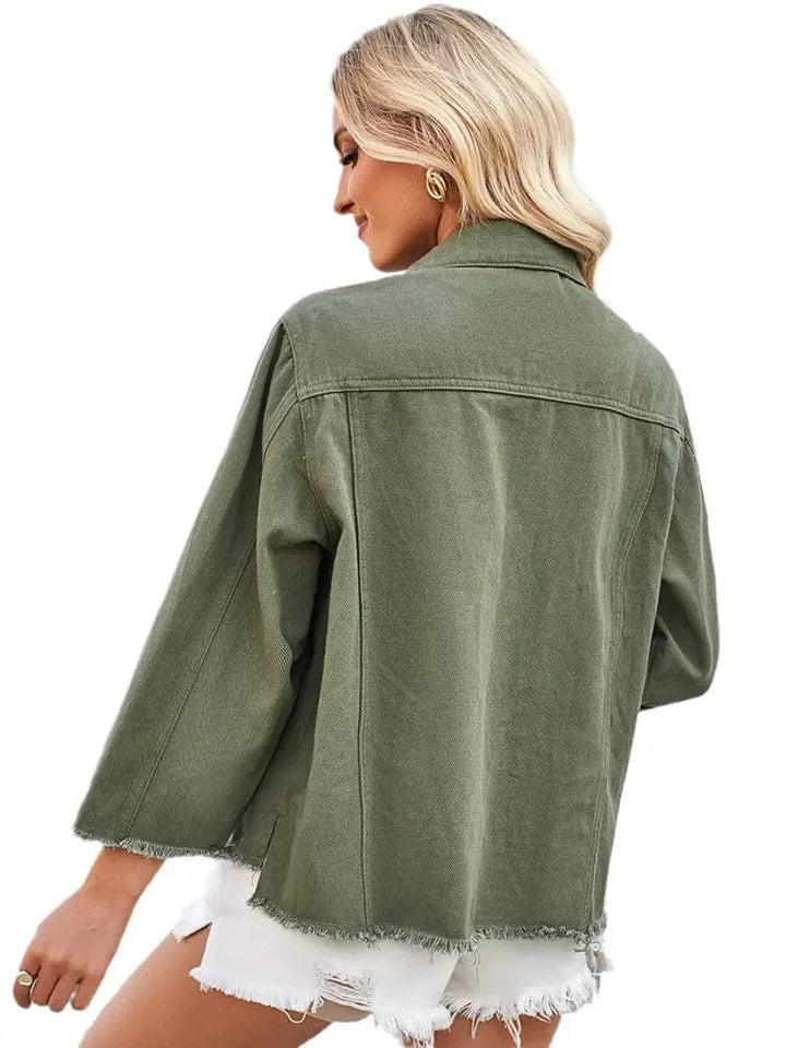 Lunaria Women Jacket Marta Fit Army Green Frayed Denim Jacket