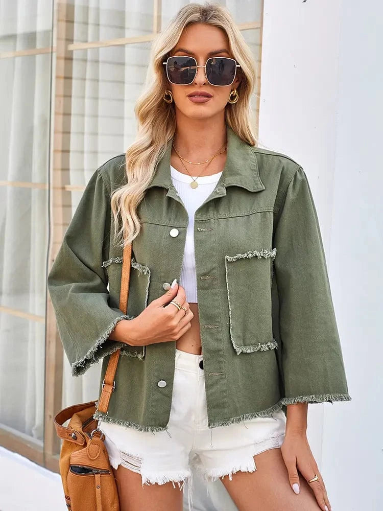 Lunaria Women Jacket Marta Fit Army Green Frayed Denim Jacket