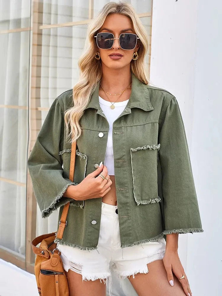 Lunaria Women Jacket Marta Fit Army Green Frayed Denim Jacket