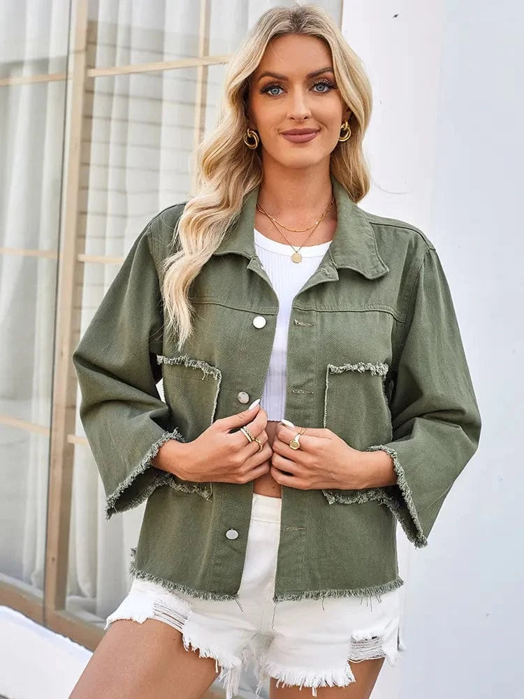 Lunaria Women Jacket Marta Fit Army Green Frayed Denim Jacket