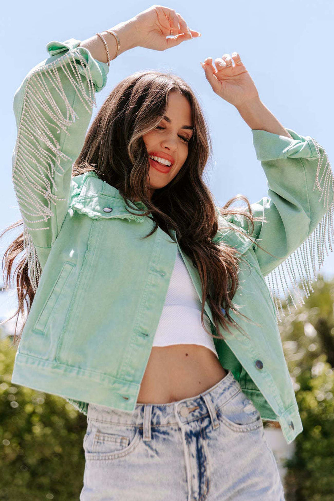 Lunaria Women Jacket Michelle Pearl Fringe Cropped Denim Jacket