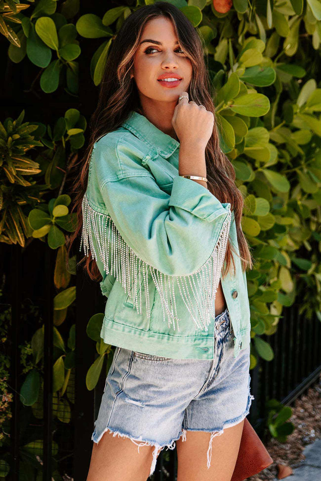 Lunaria Women Jacket Michelle Pearl Fringe Cropped Denim Jacket