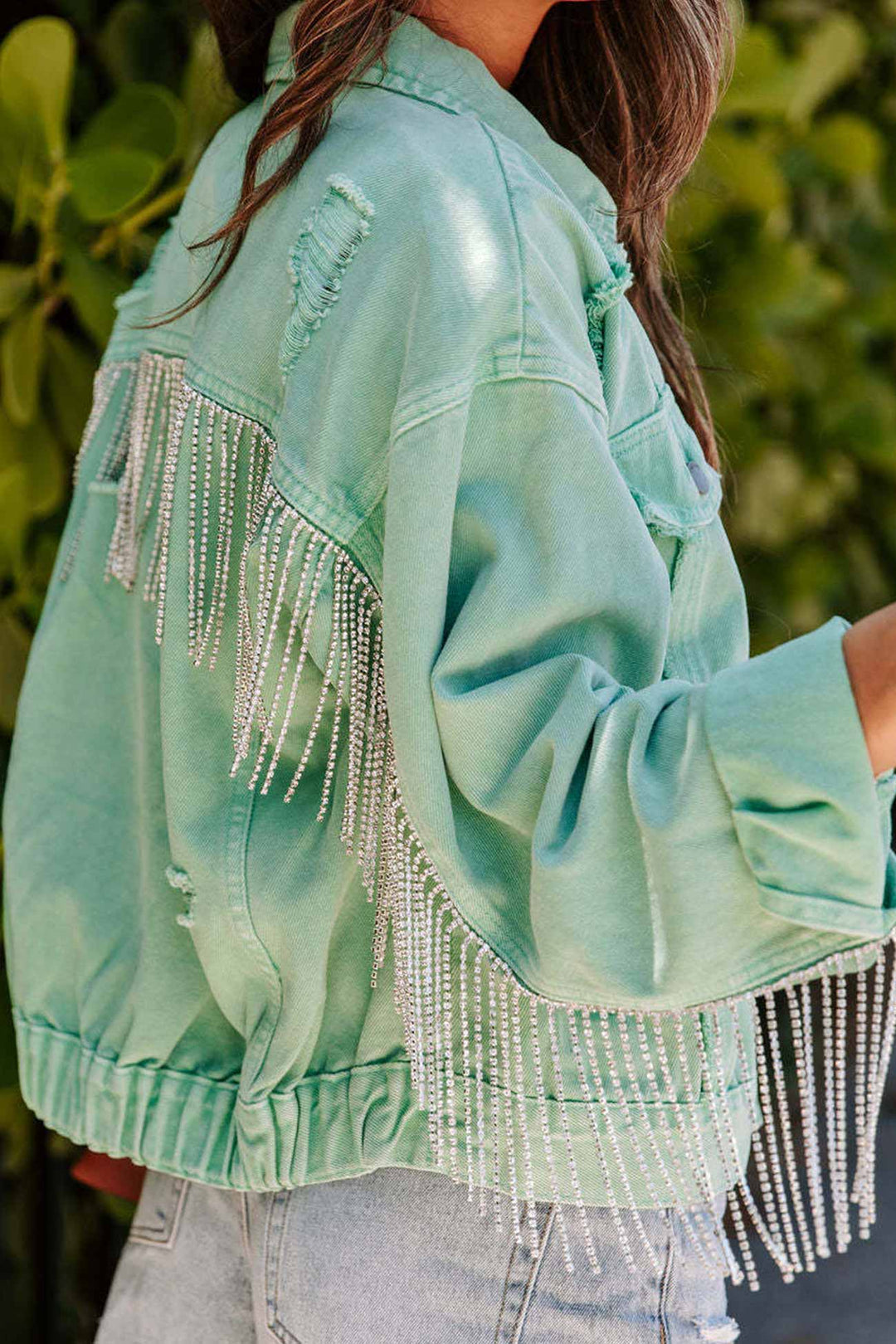 Lunaria Women Jacket Michelle Pearl Fringe Cropped Denim Jacket