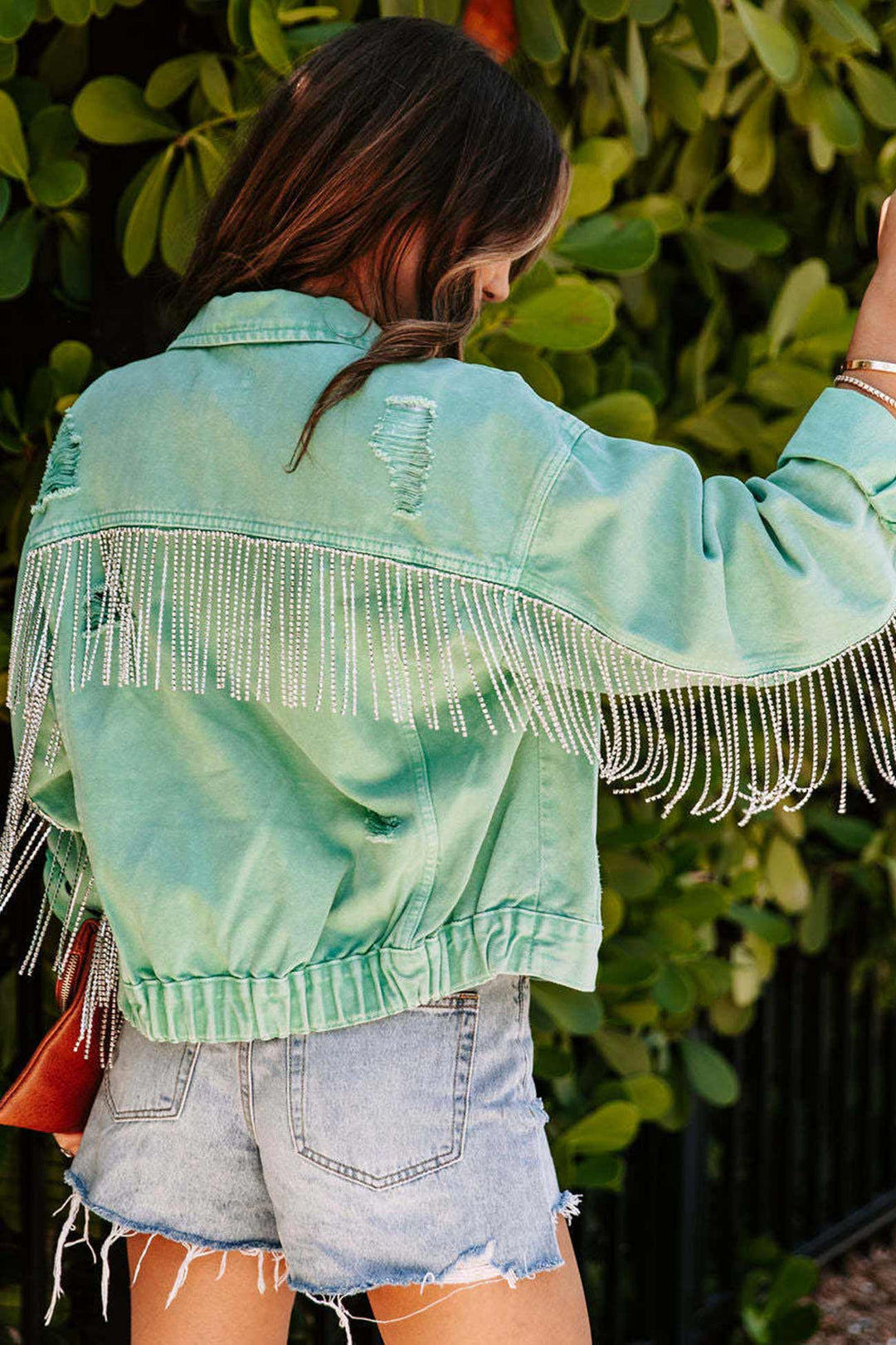 Lunaria Women Jacket Michelle Pearl Fringe Cropped Denim Jacket
