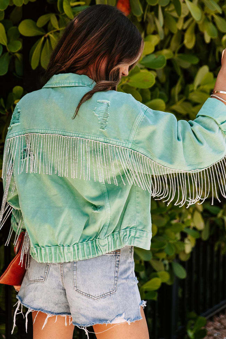 Lunaria Women Jacket Michelle Pearl Fringe Cropped Denim Jacket