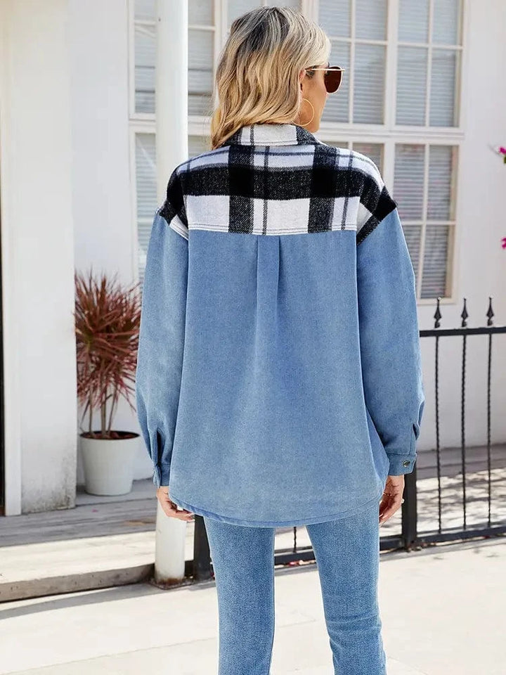 Lunaria Women Jacket Nathalie Plaid Patchwork Denim Shirt Jacket