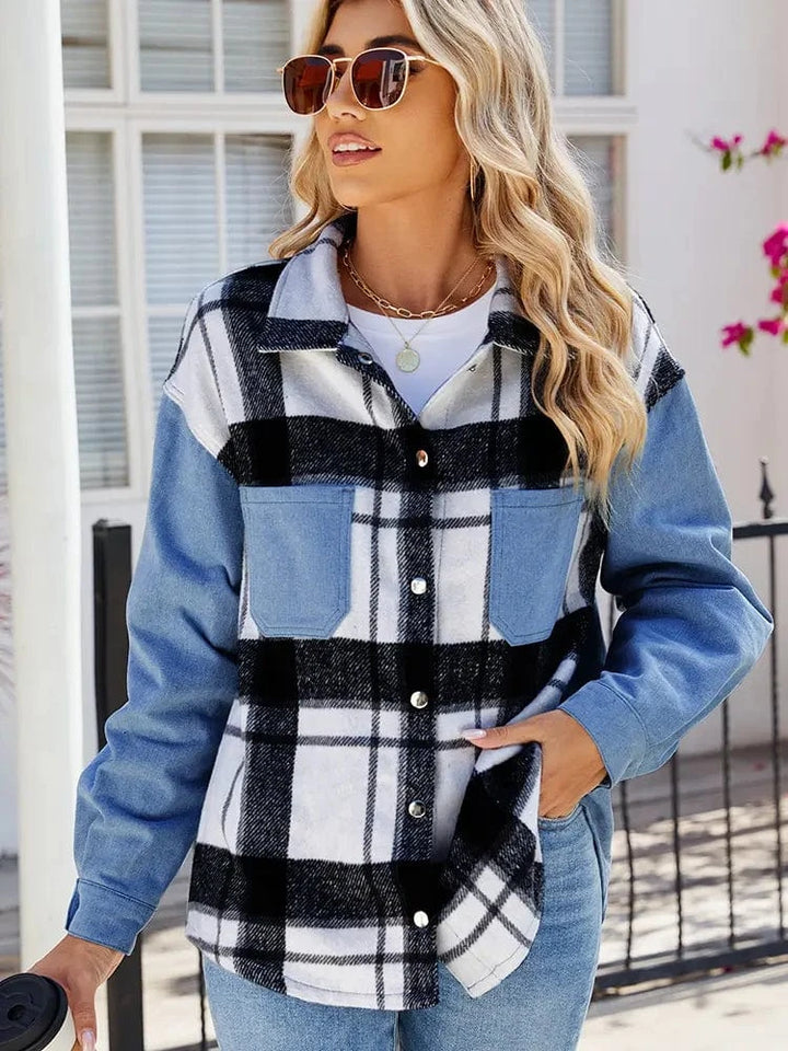 Lunaria Women Jacket Nathalie Plaid Patchwork Denim Shirt Jacket