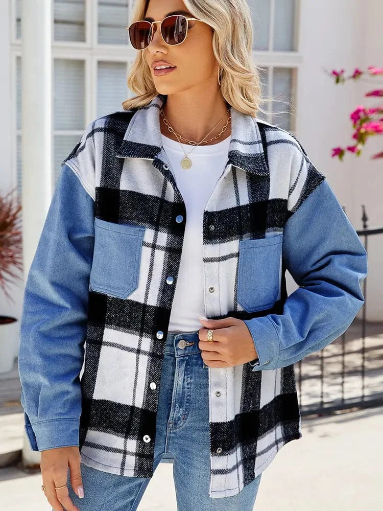 Lunaria Women Jacket Nathalie Plaid Patchwork Denim Shirt Jacket