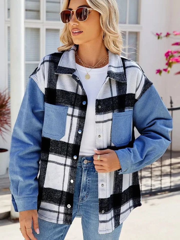Lunaria Women Jacket Nathalie Plaid Patchwork Denim Shirt Jacket