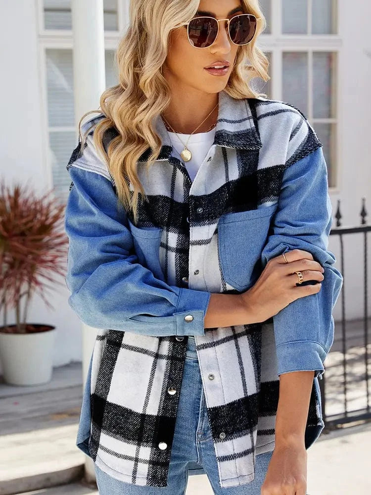 Lunaria Women Jacket Nathalie Plaid Patchwork Denim Shirt Jacket