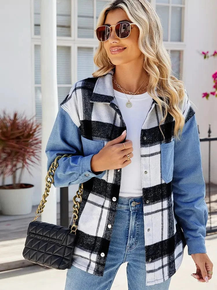Lunaria Women Jacket Nathalie Plaid Patchwork Denim Shirt Jacket