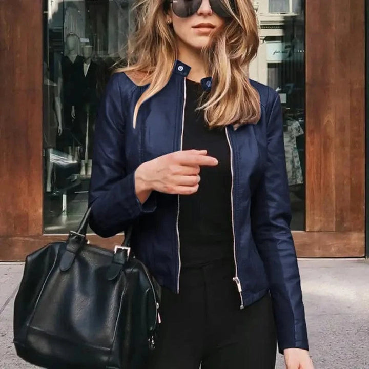 Lunaria Women Jacket Navy Blue / S Amanda Women's Classic Zip Up Faux Leather Moto Jacket