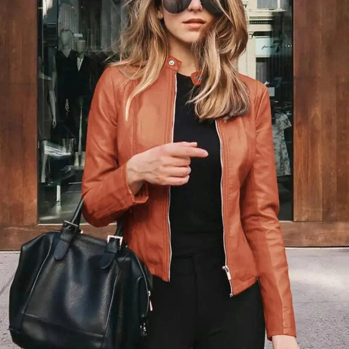 Lunaria Women Jacket Orange / S Amanda Women's Classic Zip Up Faux Leather Moto Jacket