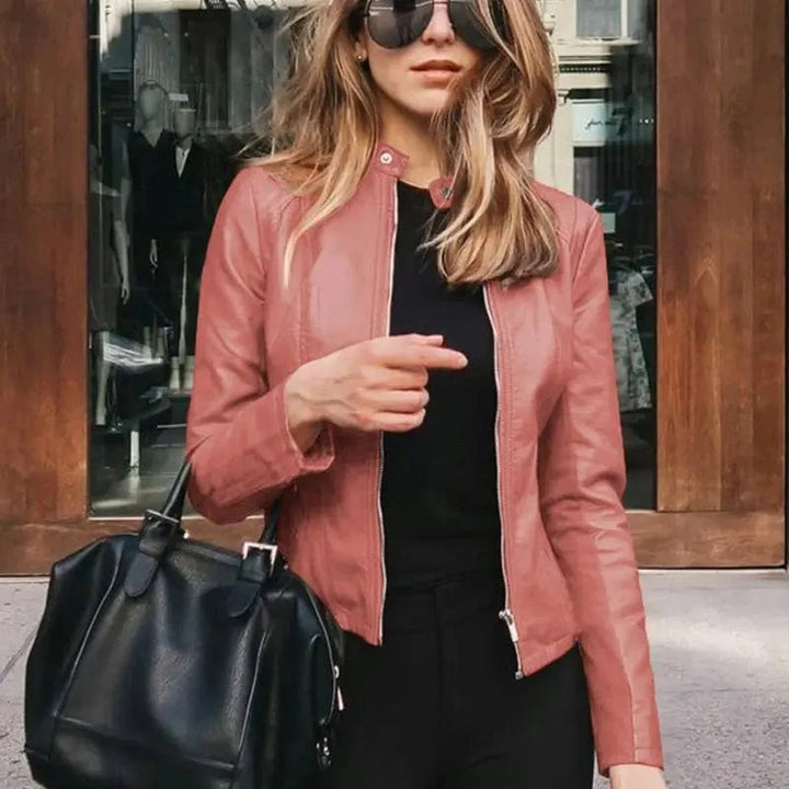 Lunaria Women Jacket Pink / S Amanda Women's Classic Zip Up Faux Leather Moto Jacket