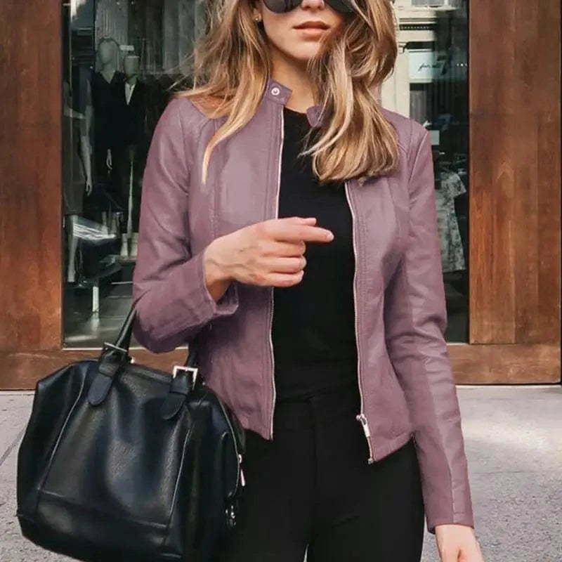 Lunaria Women Jacket Purple / S Amanda Women's Classic Zip Up Faux Leather Moto Jacket