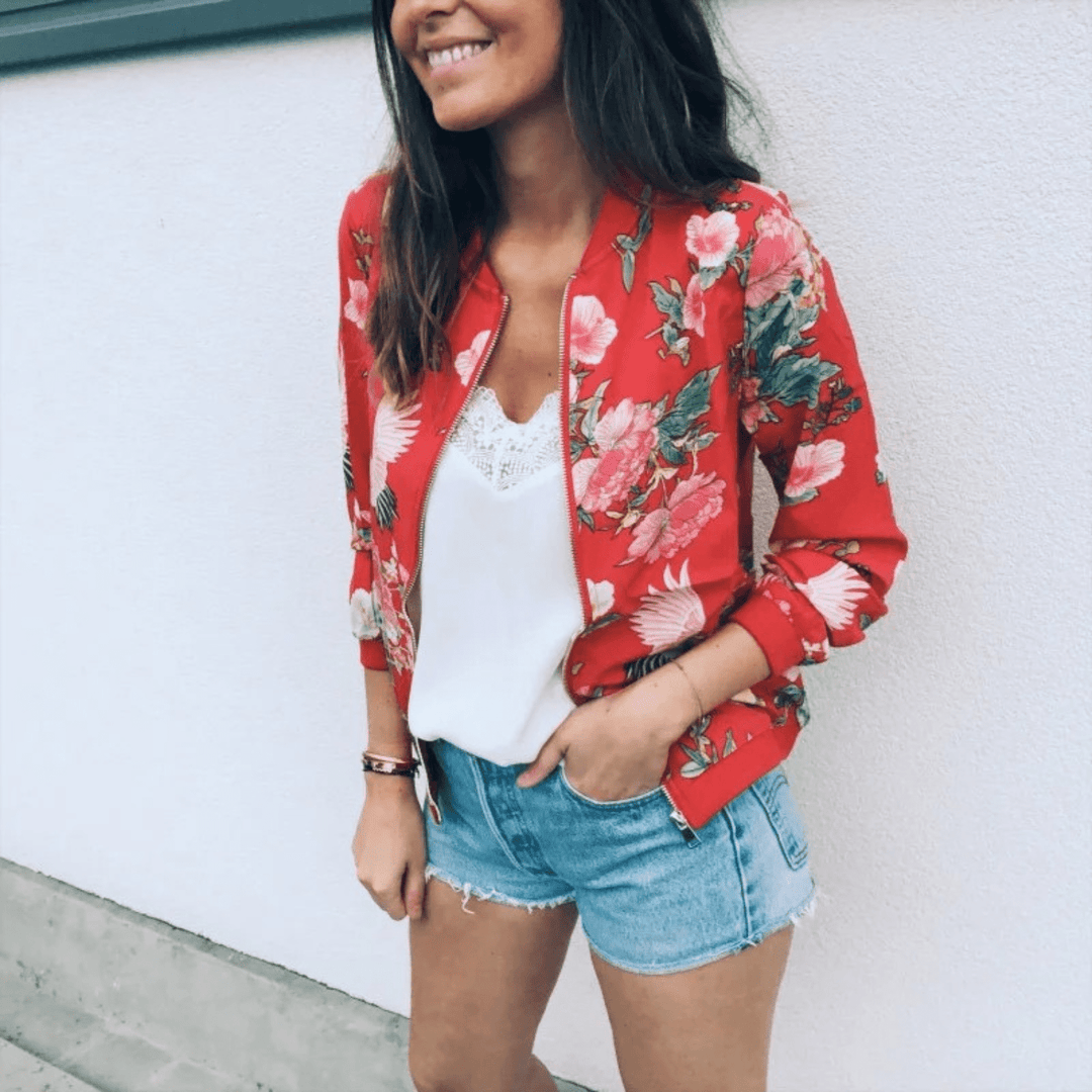 Lunaria Women Jacket Red / S Genevieve Floral Zip-Up Bomber Jacket
