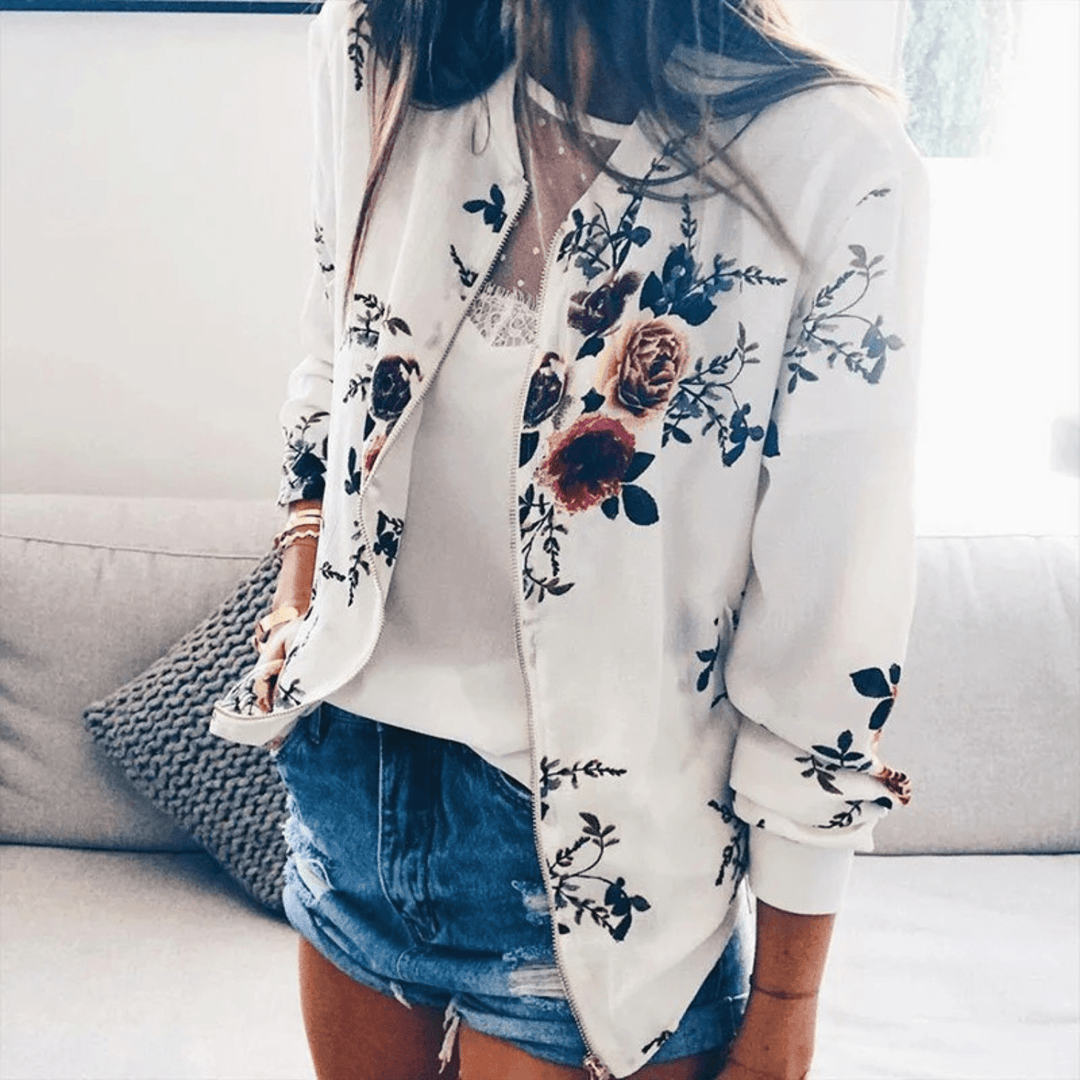 Lunaria Women Jacket White / S Genevieve Floral Zip-Up Bomber Jacket