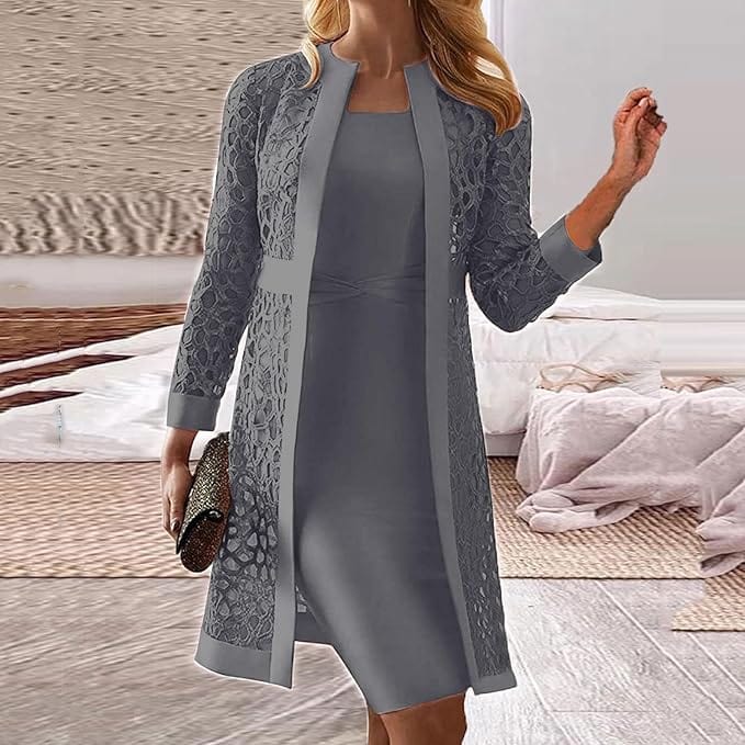 Lunaria women set Grey / S Livia Two Piece Lace Vest Dress Set For Women
