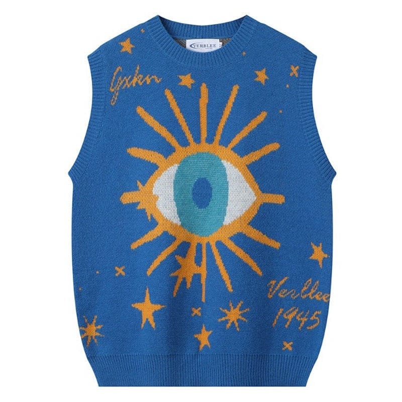Lunaria Women Sweater Blue / M Carmen Evil Eyes Printed Intarsia Sweater Vest
