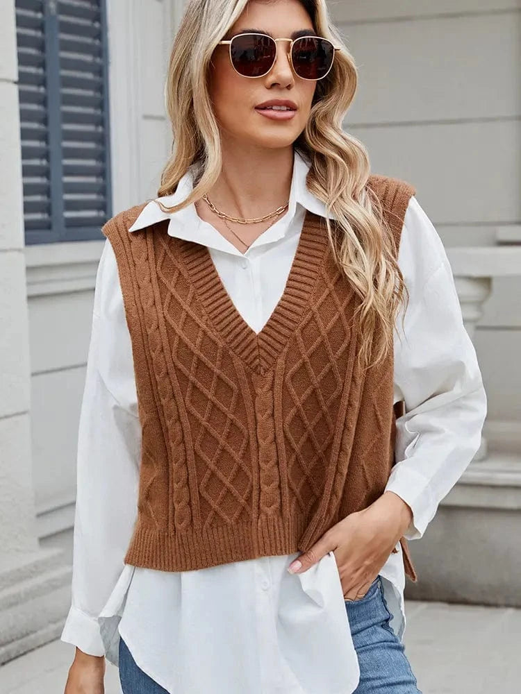 Lunaria Women Sweater Camel / S Lisa V-Neck Knit Sweater Vest